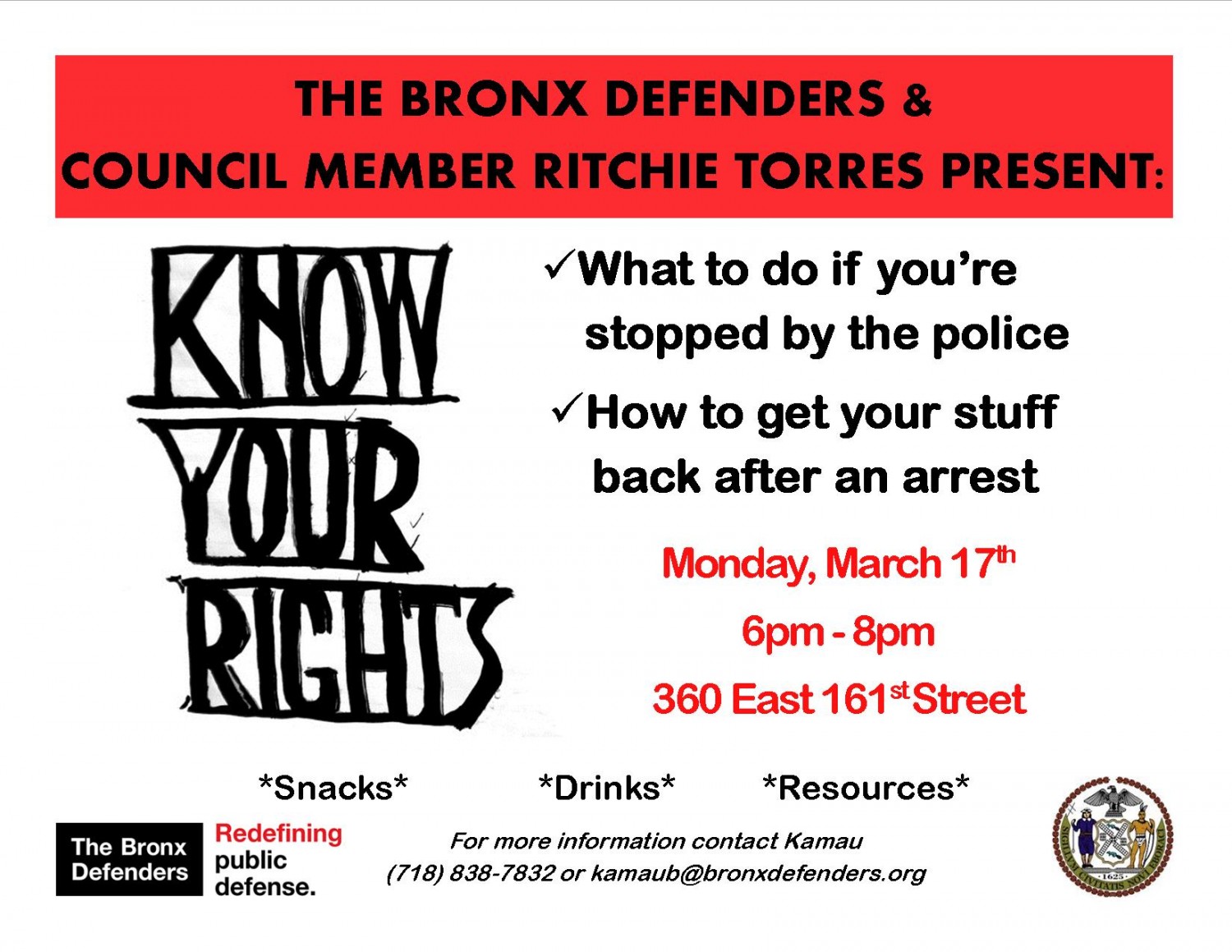 Join us! The Bronx Defenders and NYC Councilmember Ritchie Torres hosting a Know Your Rights event Monday, March 17